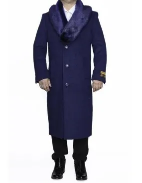 Moscow: INDIGO BLUE REMOVABLE FUR COLLAR MENS FULL LENGTH OVERCOAT