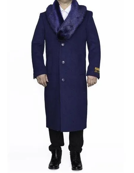 Moscow: INDIGO BLUE REMOVABLE FUR COLLAR MENS FULL LENGTH OVERCOAT