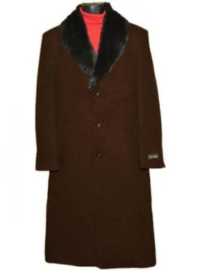 Moscow: MEN'S FUR COLLAR DARK BROWN 3 BUTTON SINGLE BREASTED WOOL FULL LENGTH OVERCOAT