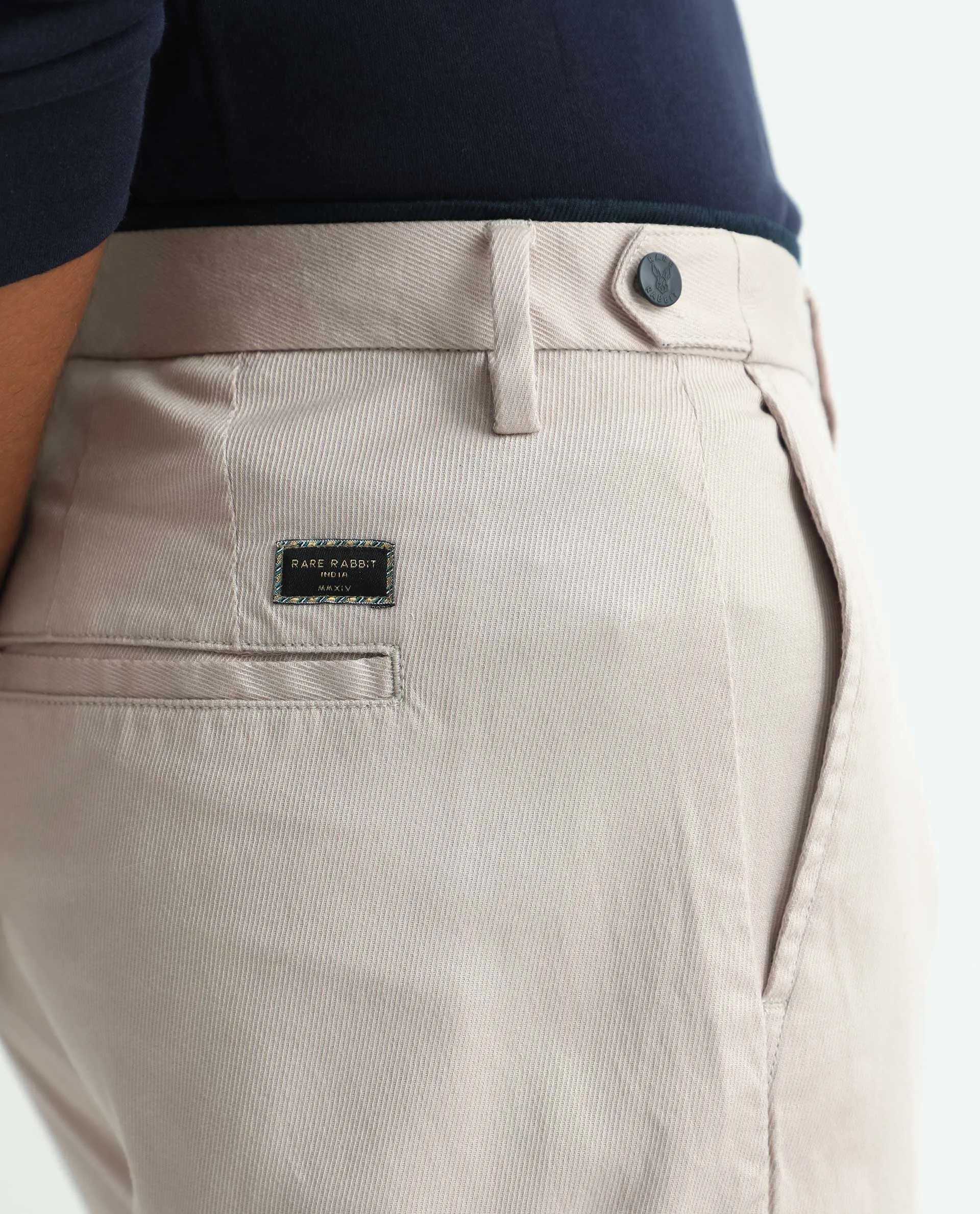 Rare Rabbit Men's Cellular Light Pink Solid Mid-Rise Regular Fit Twill Trouser