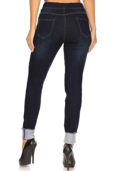 Ripped Denim Jeggings with Stripe Cuff Detail