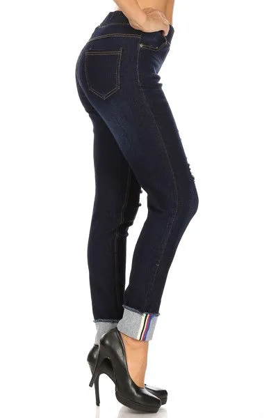 Ripped Denim Jeggings with Stripe Cuff Detail