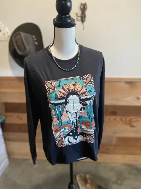 Rock & Roll Women's Steer Head Flower Crown Long Sleeve T-Shirt