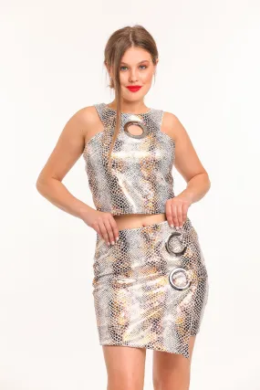 SNS Sense Ecru-Gold Front Double Ring Envelope Mini Skirt - Hemet