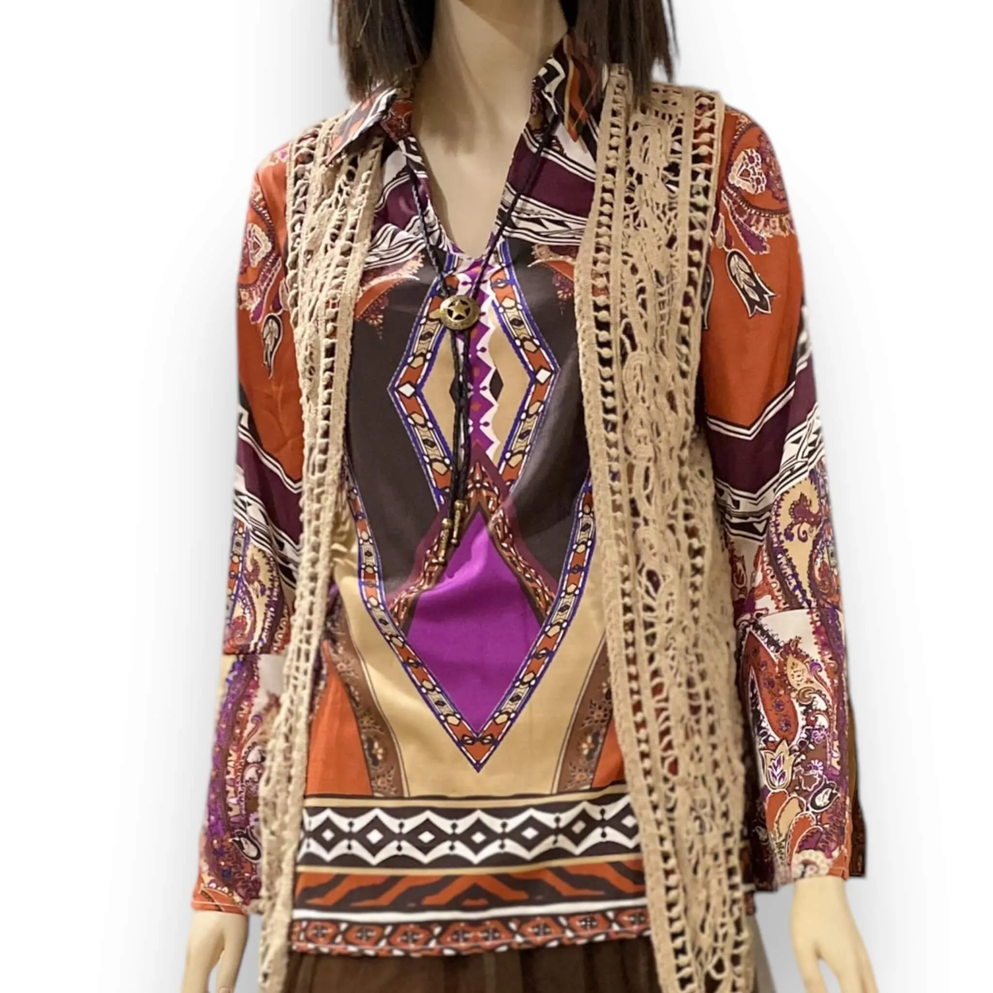 V Neck 3/4 Split Sleeve Colorful Tunic Top