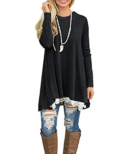 Women's Casual Lace Long Sleeve Tunic Top T-Shirt Blouse