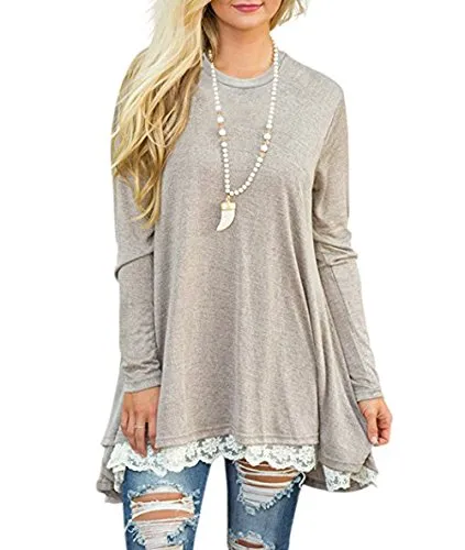 Women's Casual Lace Long Sleeve Tunic Top T-Shirt Blouse