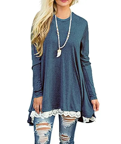 Women's Casual Lace Long Sleeve Tunic Top T-Shirt Blouse
