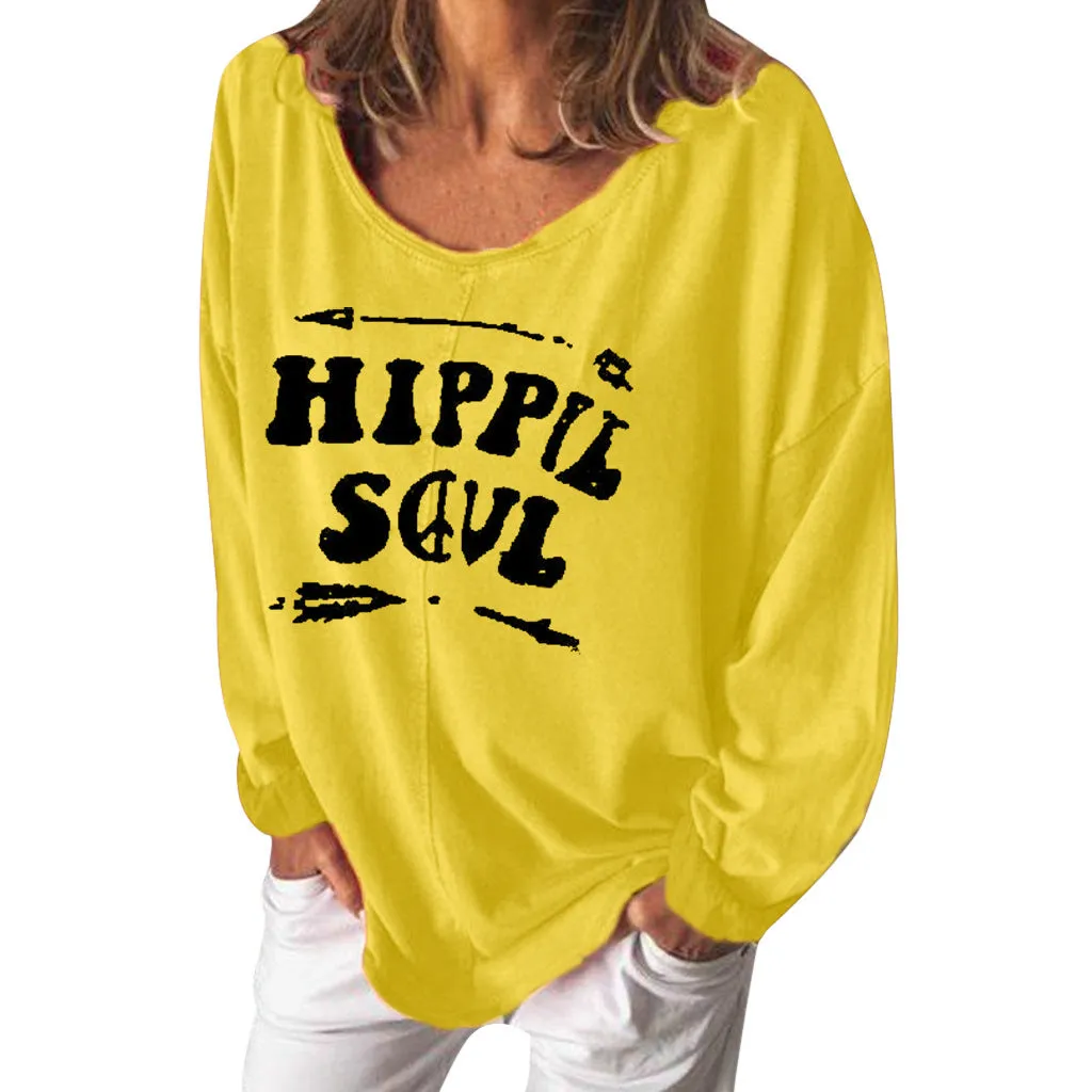 Women's Letters Printed V-neck  Long-sleeved T-shirt